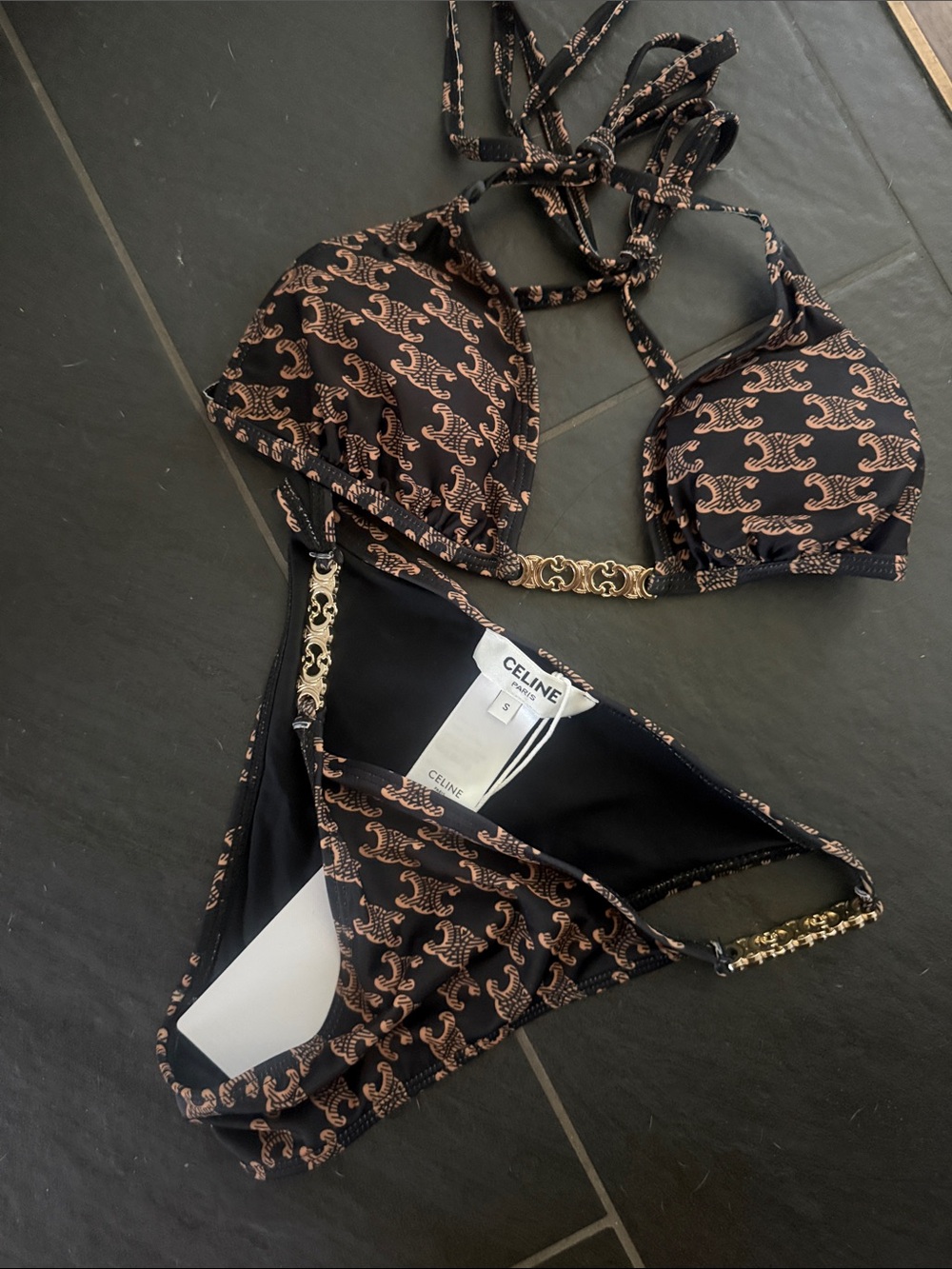 Celine Black & Tan Logo Triangle Bikini